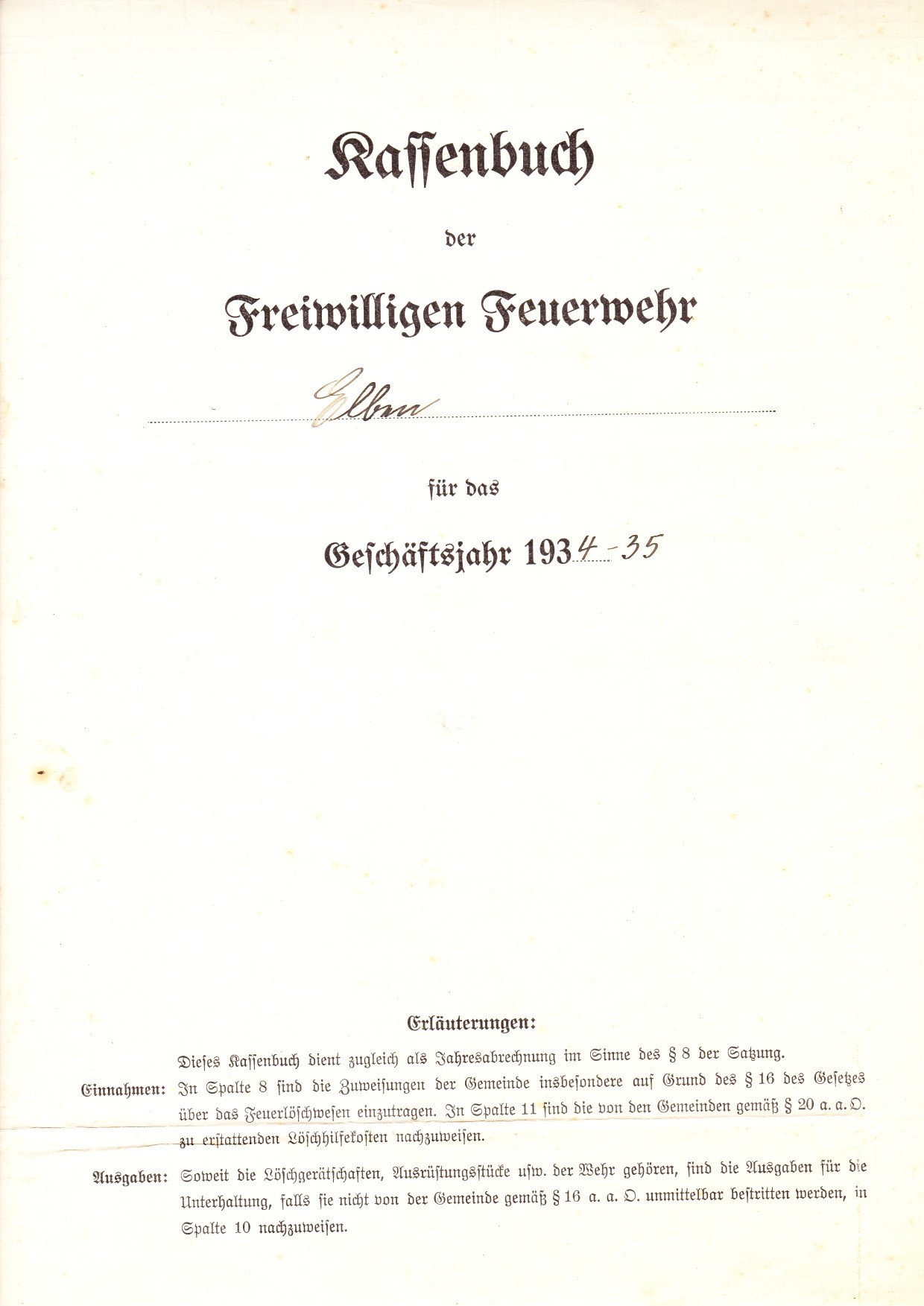 1935 03 24 Kassenbuch Feuerwehr Elben 1934 1935 a