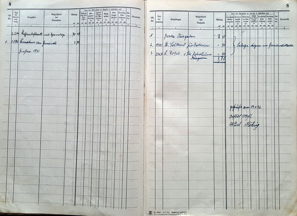 1942 01 17 Kassenbuch Feuerwehr Elben 1941 1942