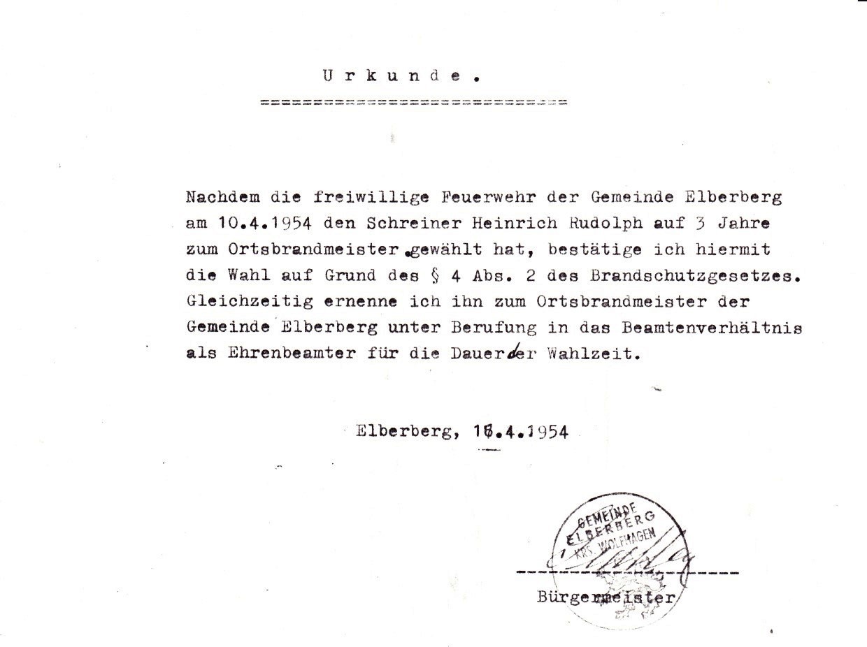 1954 04 18 Heinrich Rudolph wird für 3 Jahre zum Ortsbrandmeister ernannt