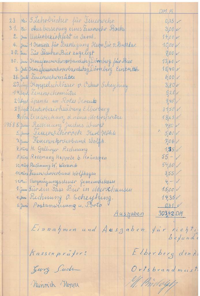 1958 06 07b Kassenbericht der Feuerwehr Elberberg 1957 1958