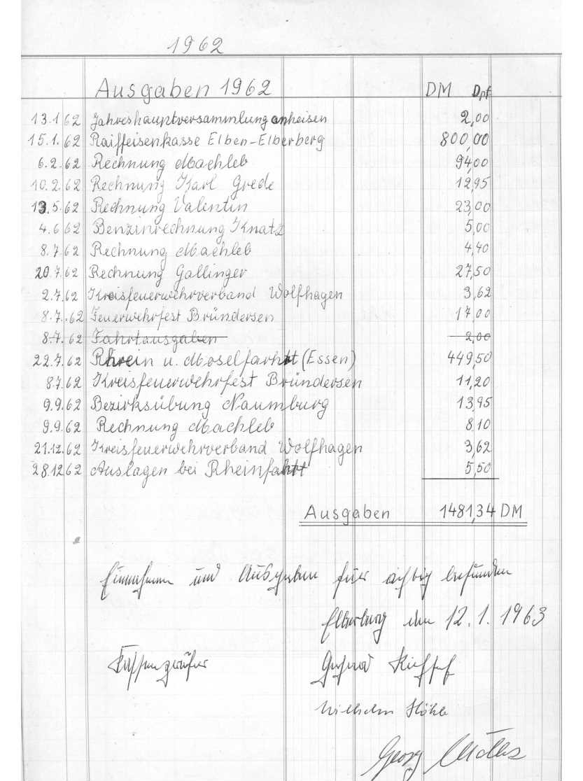 1963 01 12a Kassenbuch der Wehr Elberberg 1962
