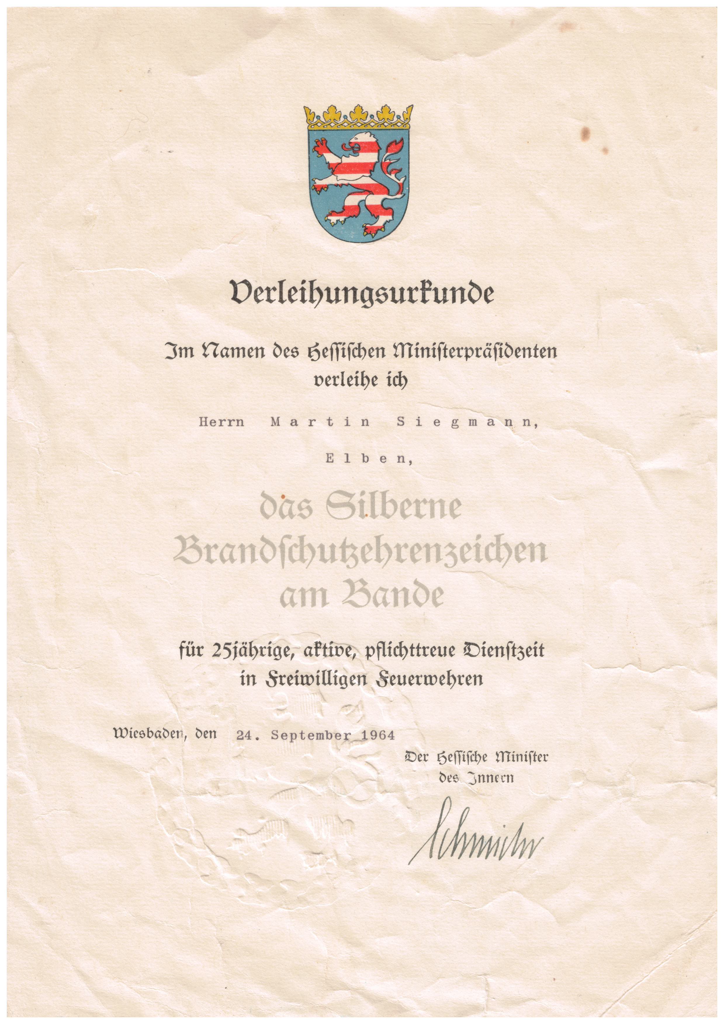 1964 09 24 Silbernes Brandschutzehrenzeichen für Martin Siegmann