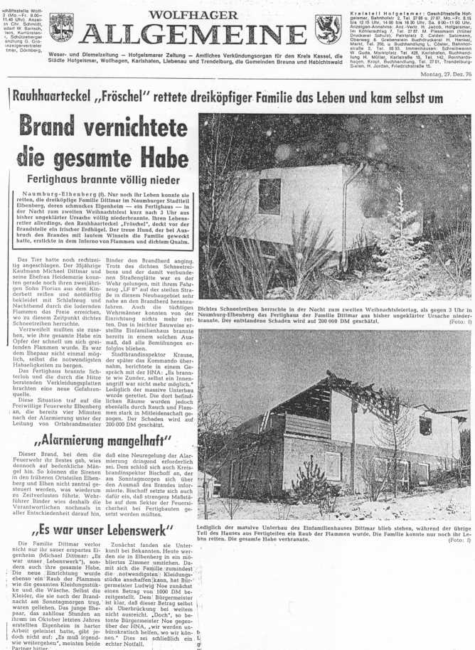 1976 12 27 Wohnhausbrand Dittmar Artikel