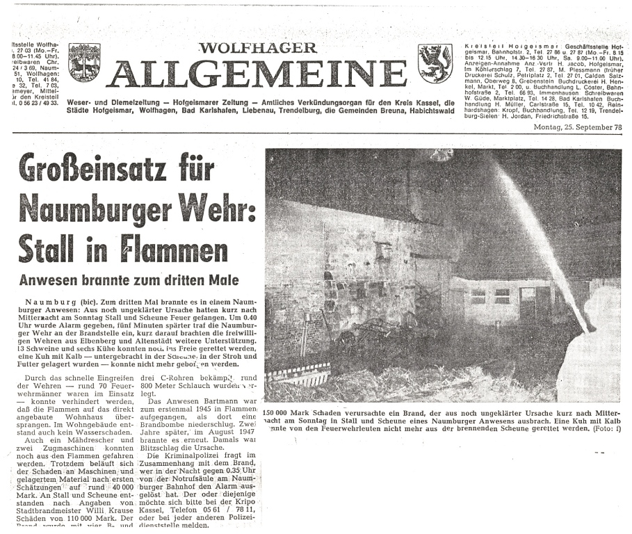 1978 09 25 Stall und Scheunenbrand in Naumburg Artikel