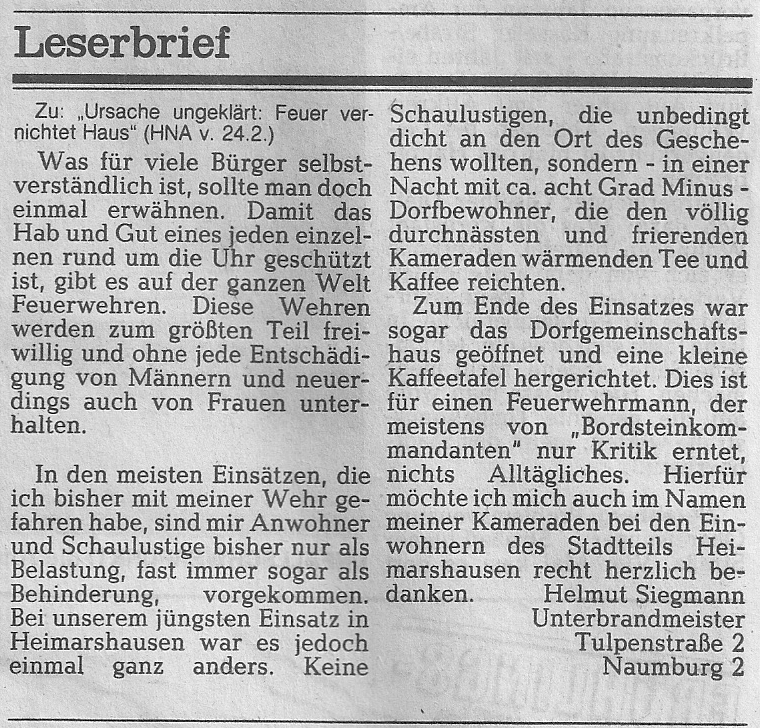 1987 03 05 Leserbrief von Helmut Siegmann in HNA