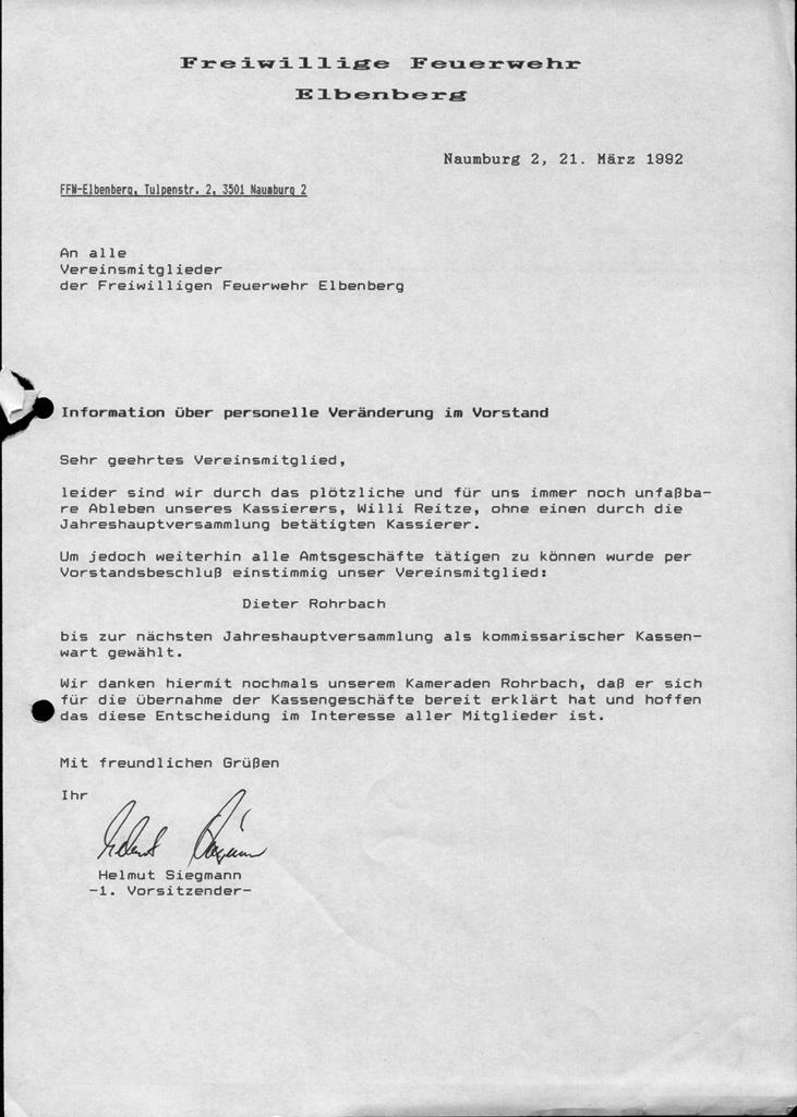 1992 03 21 Info wegen personeller Veränderung im Vorstand
