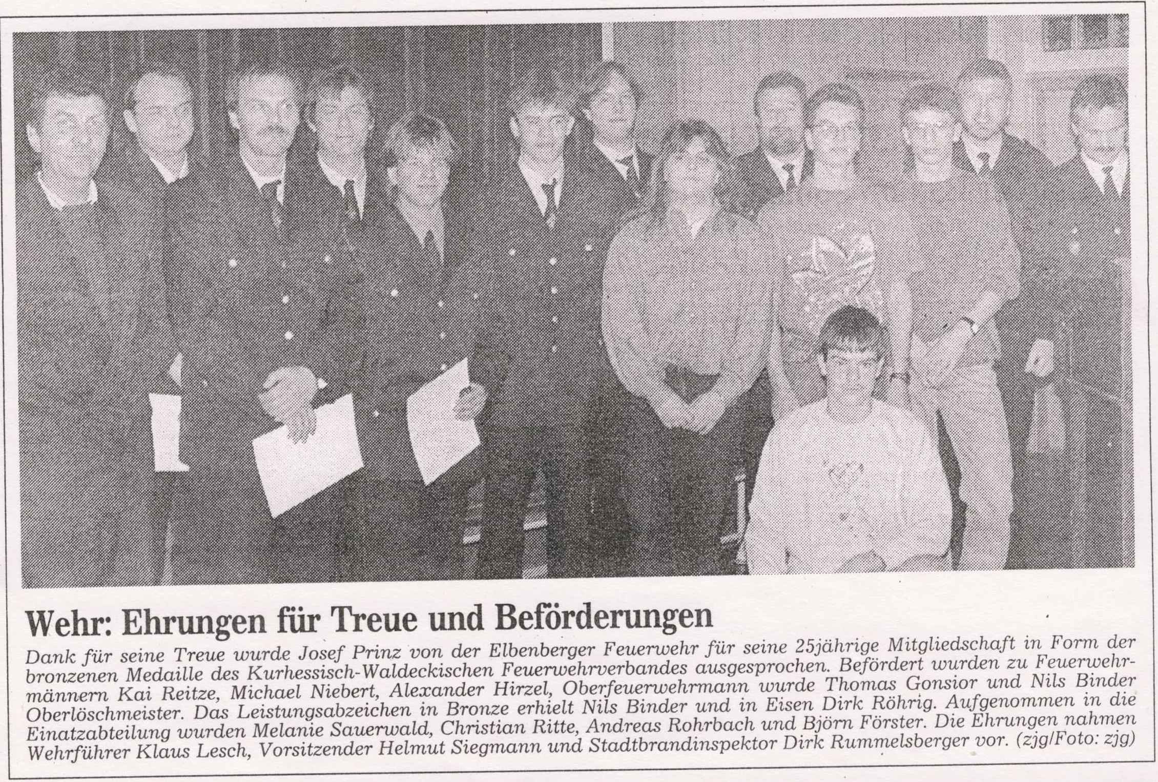1993 01 12 Ehrungen auf der Jahreshauptversammlung 1992 Bericht HNA