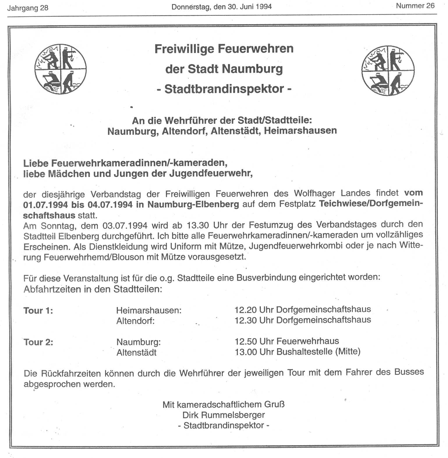 1994 06 30 Aufruf des Stadtbrandinspektors zum Verbandstag 1994