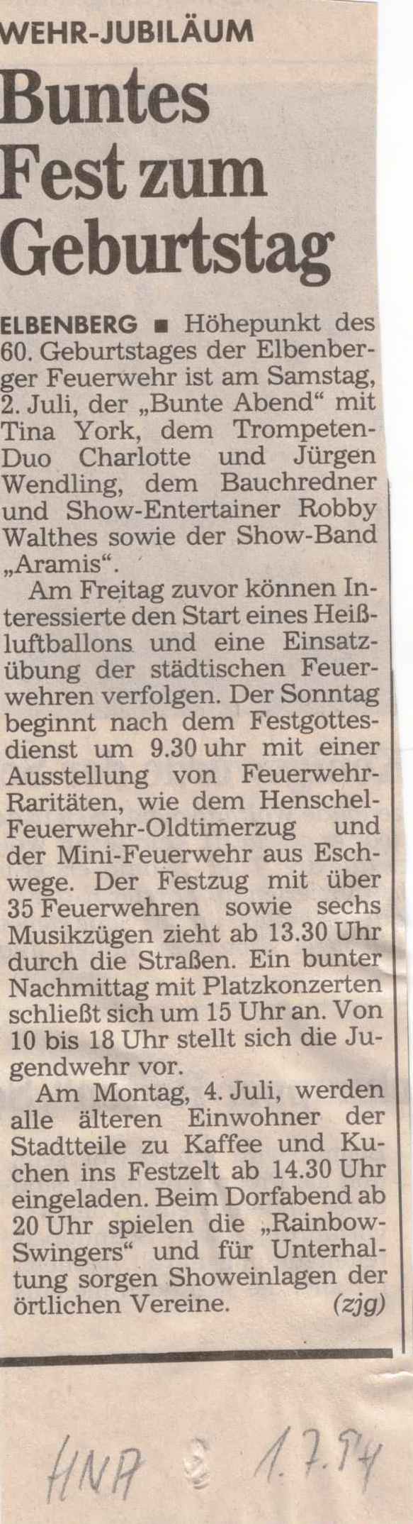 1994 07 01 Festprogrammhinweis in HNA