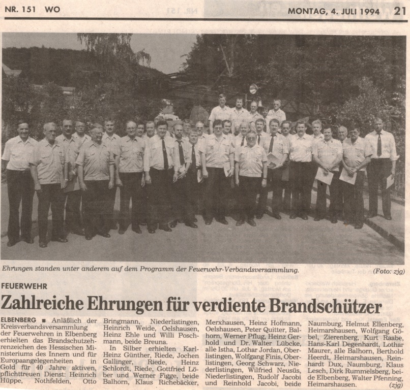 1994 07 04 Bericht über Ehrungen auf Verbandstag 1994 in Elbenberg Artikel
