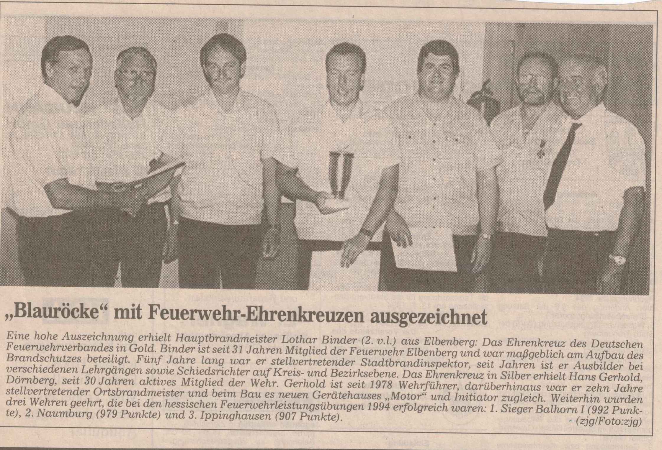 1994 07 05 Zeitungsbericht über Auszeichnung von Feuerwehrleuten Artikel