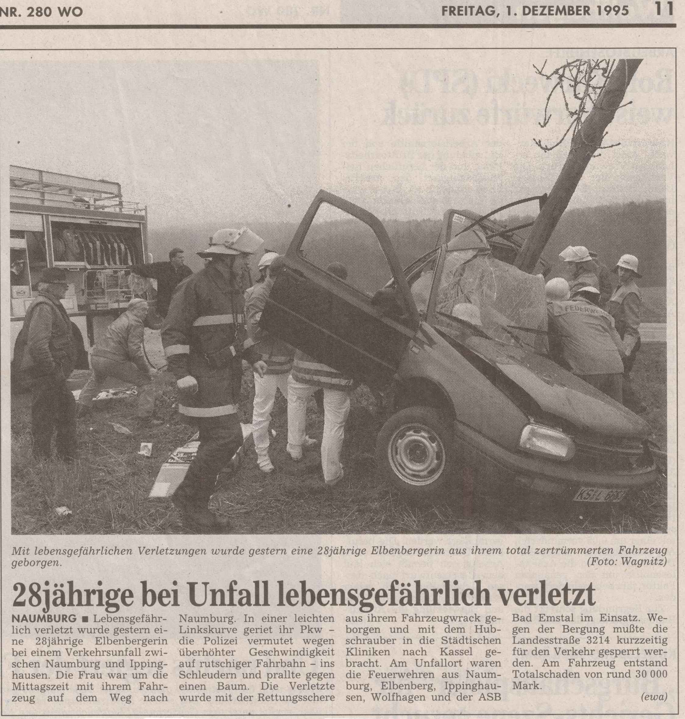 1995 12 01 Zeitungsbericht über schweren VU Janett Schlosser Artikel