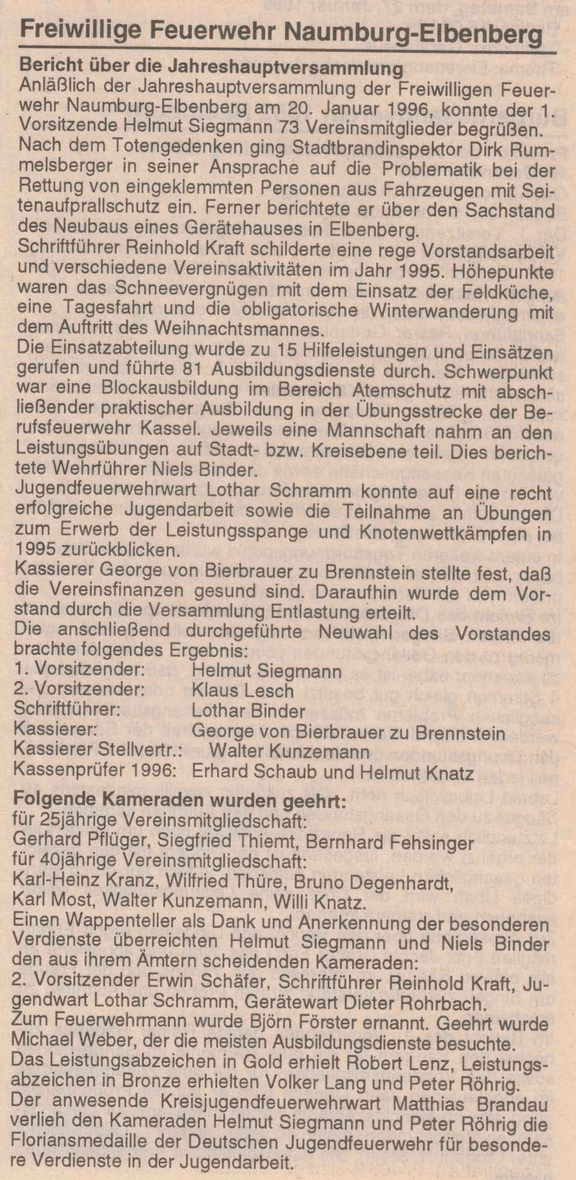 1996 01 25 Bericht über Jahreshauptversammlung 1995 in Naumburger Nachrichten Bild 1