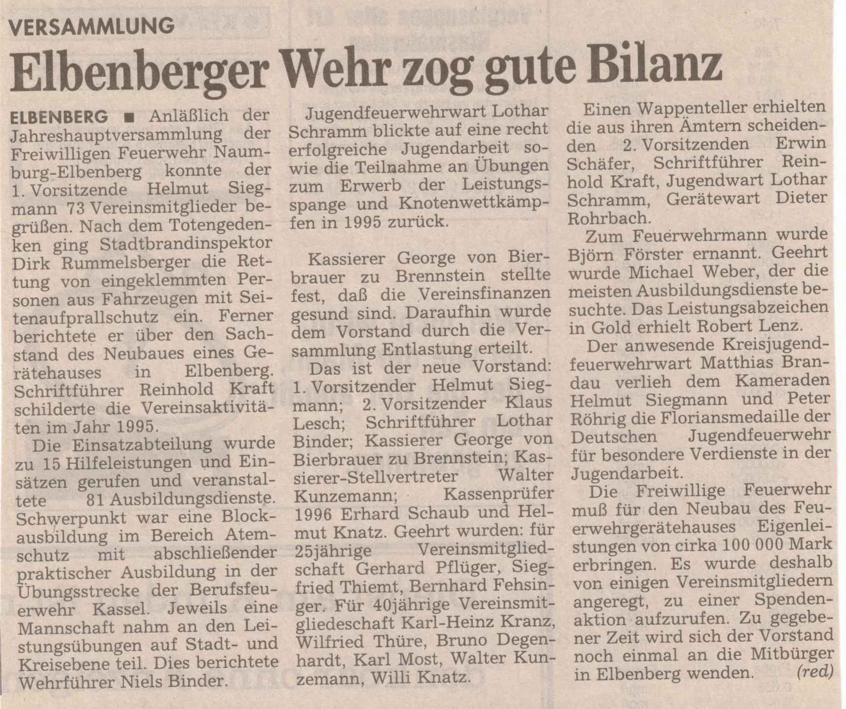 1996 02 05 Zeitungsbericht über die Jahreshauptversammlung 1995