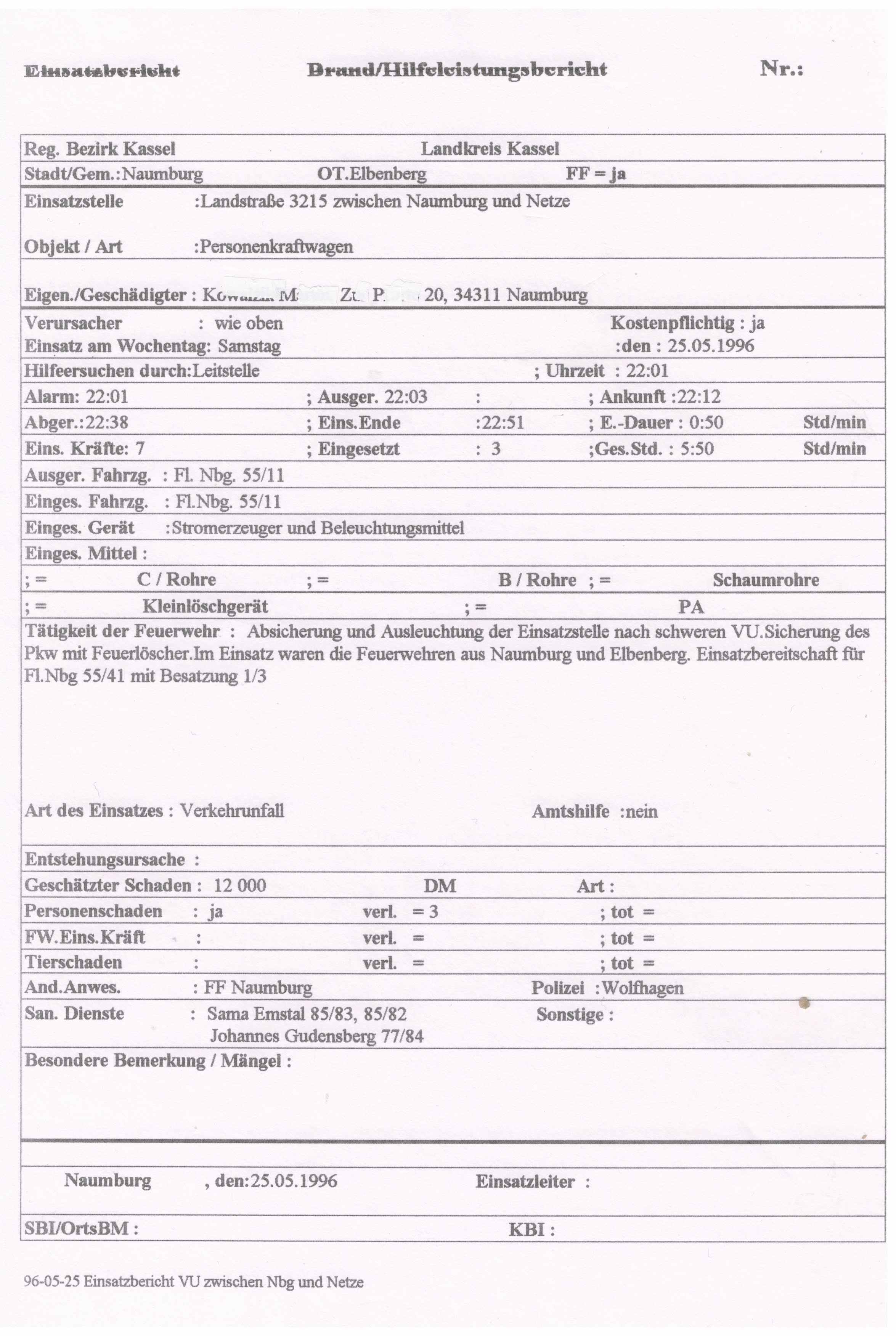 1996 05 25 Einsatzbericht Verkehrsunfall zwischen Nbg und Netze