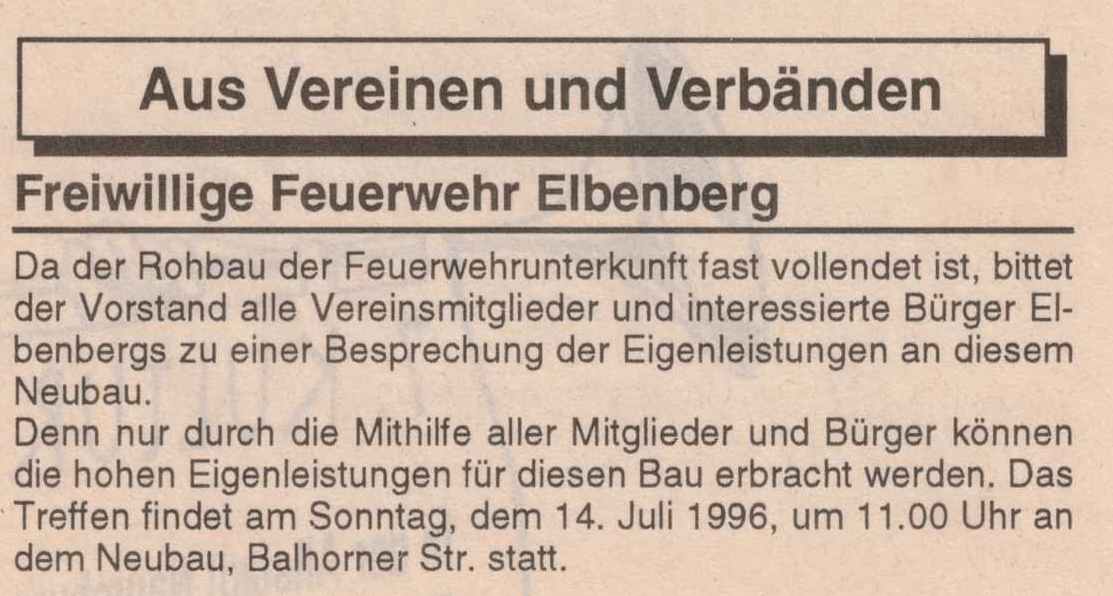 1996 07 04 Aufruf zum Treffen zur Besprechung der Eigenleistungen für den Neubau Bericht