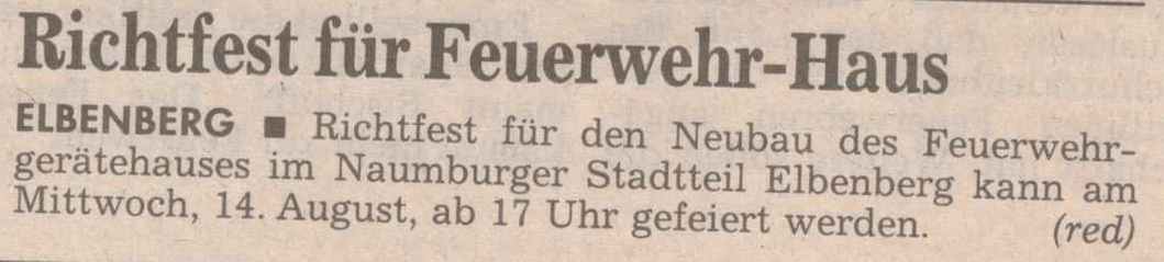 1996 08 07 Hinweis auf Richtfest des Feuerwehrgerätehauses in HNA Artikel