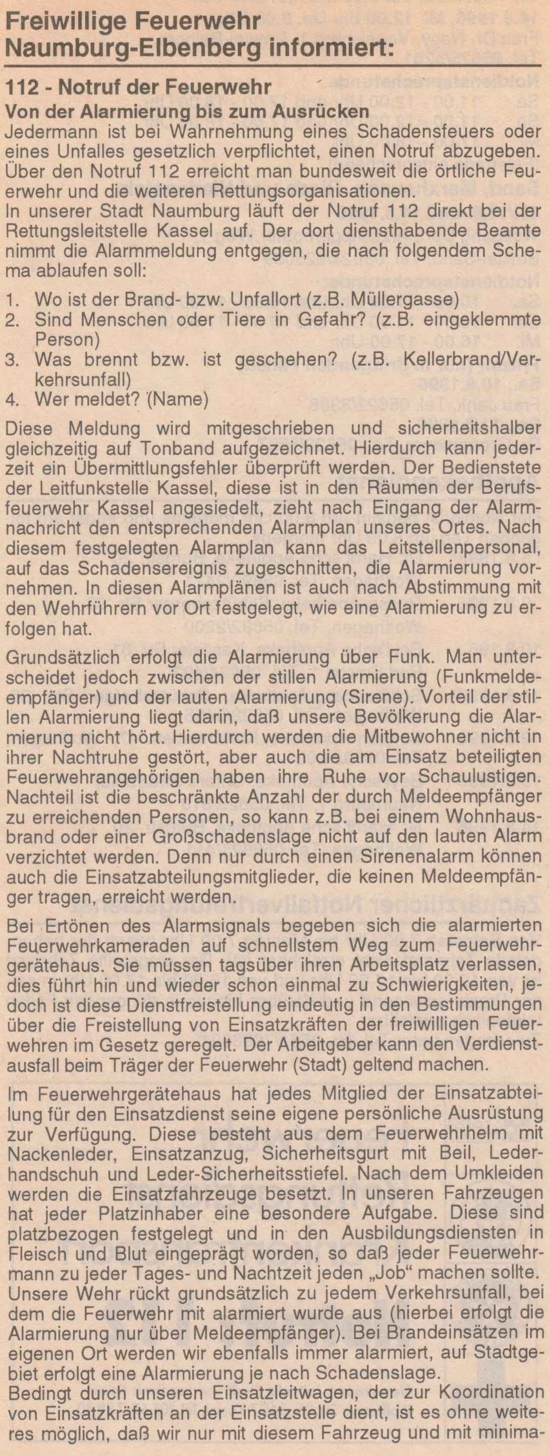 1996 08 08 Bericht in Naumburger Nachrichten über Notruf 112 Bericht 1