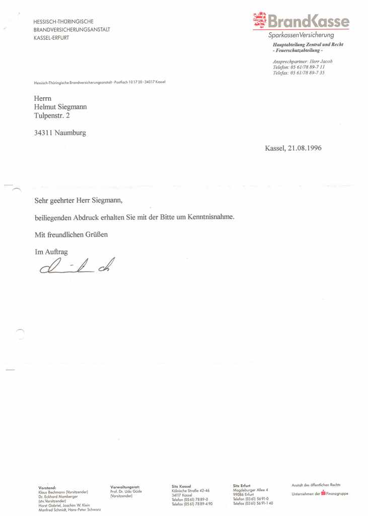 1996 08 21 Spende an Jugendfeuerwehr zum 25jährigem Bestehen von Brandkasse