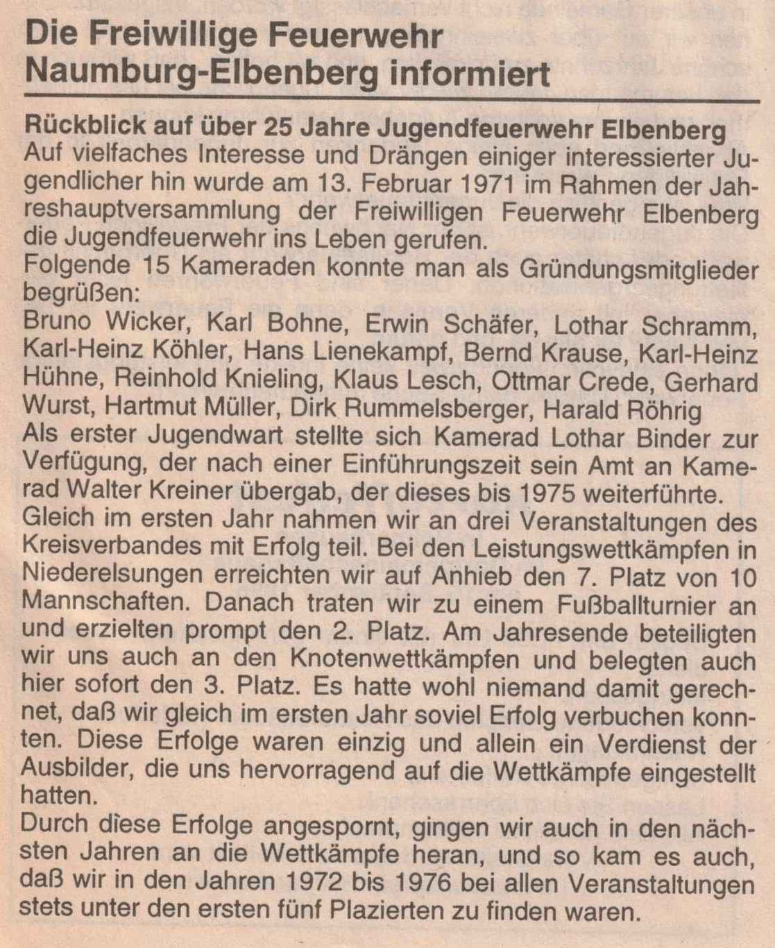 1996 09 05 Information zu 25 Jahren Jugendfeuerwehr Elbenberg in Naumburger Nachrichten Artikel 1