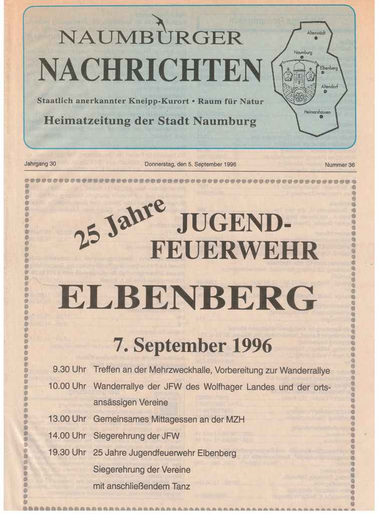1996 09 05 Titelseitenhinweis auf 25 Jahre Jugendfeuerwehr