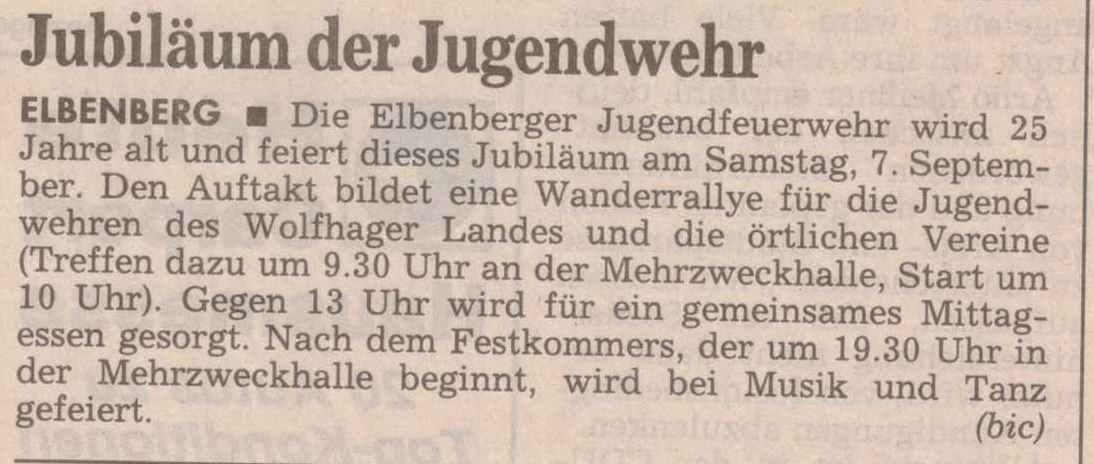 1996 09 06 Hinweis auf Jubiläum der Jugendfeuerwehr in HNA Artikel