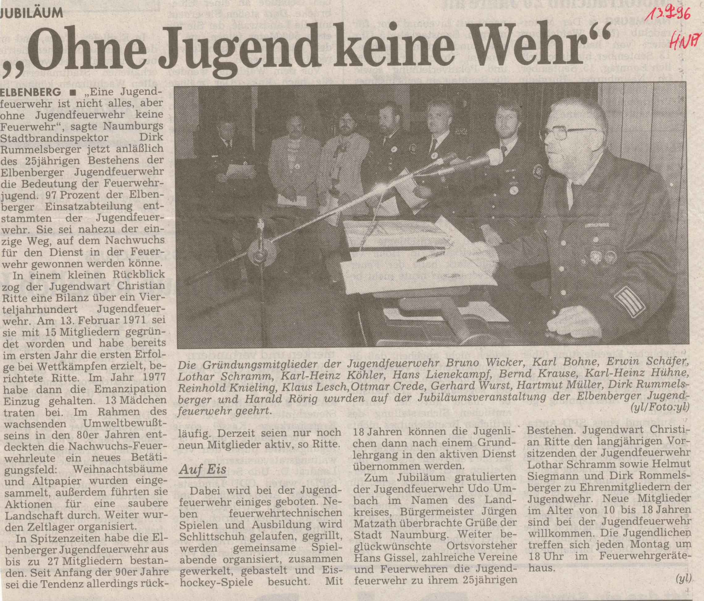 1996 09 07 Zeitungsbericht über 25 Jahre Jugendfeuerwehr Artikel
