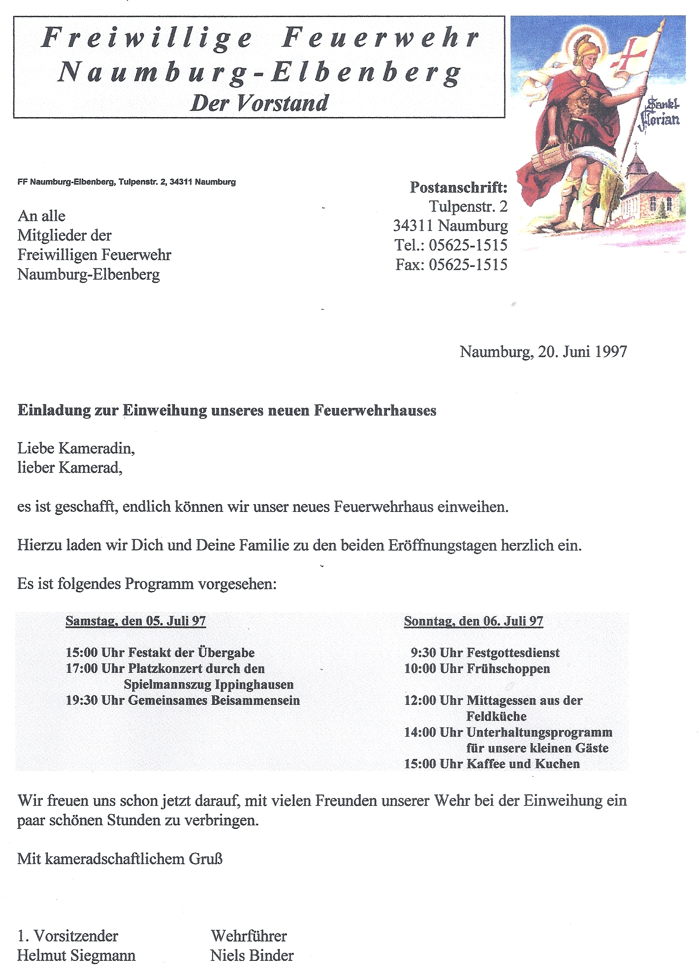 1997 06 20 Einladung Einweihung Feuerwehrhaus1