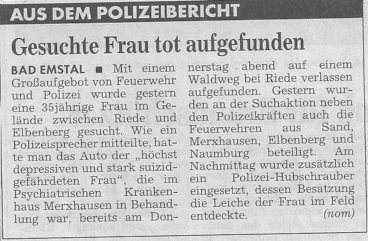 1997 08 15 Gesuchte Frau tot aufgefunden Artikel