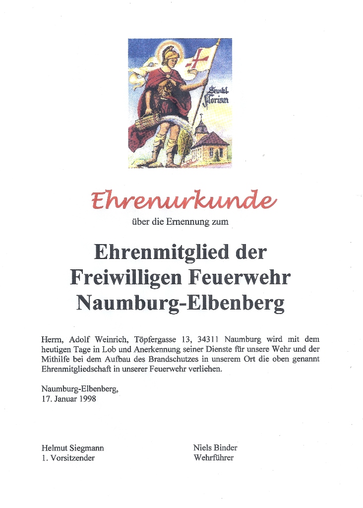 1998 01 17 Ehrenurkunde an Wilhelm Weinrich