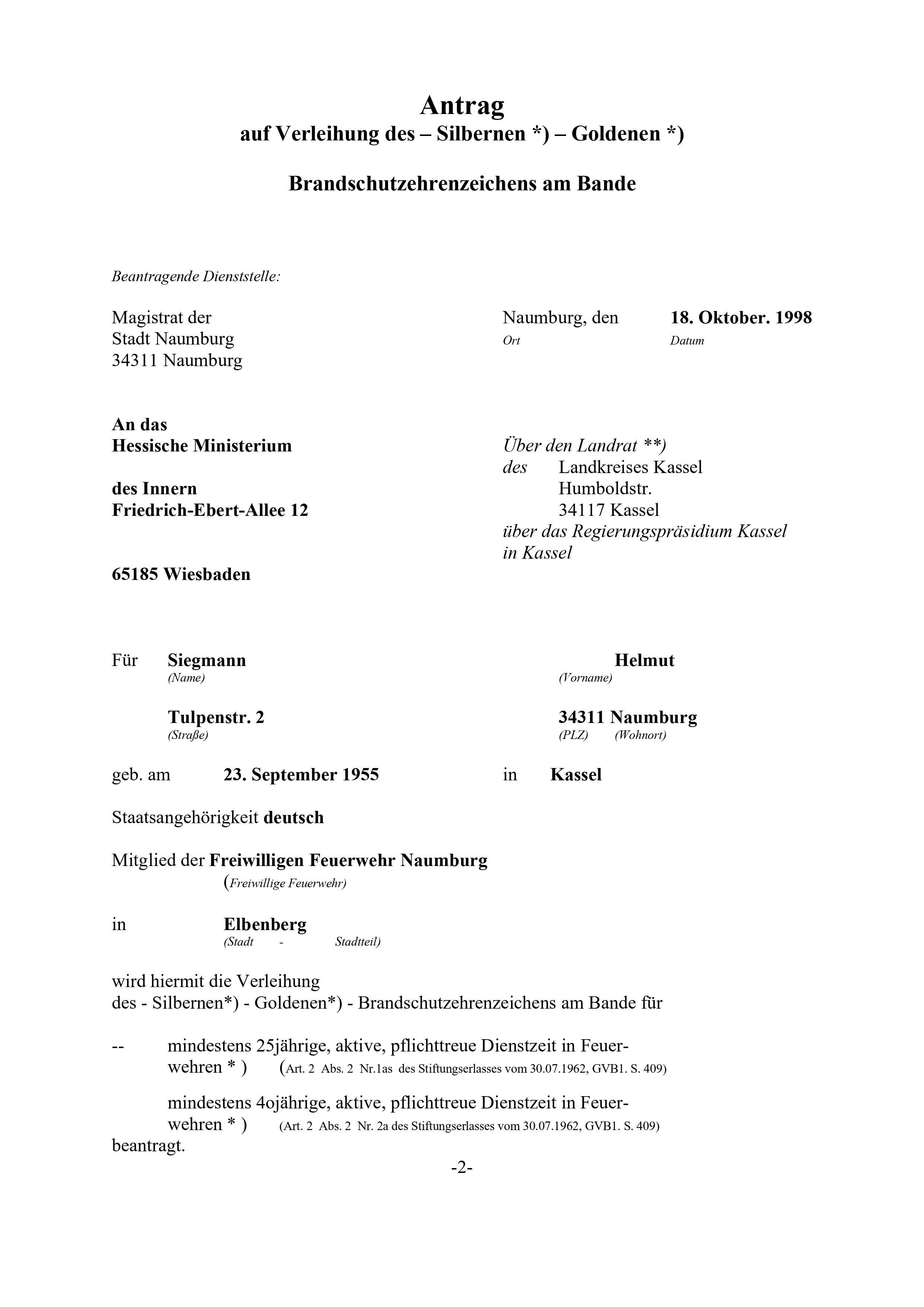 1998 10 18 Antrag auf Verleihung des silbernen Hess. Brandschutzehrenzeichens H.Siegmann 1