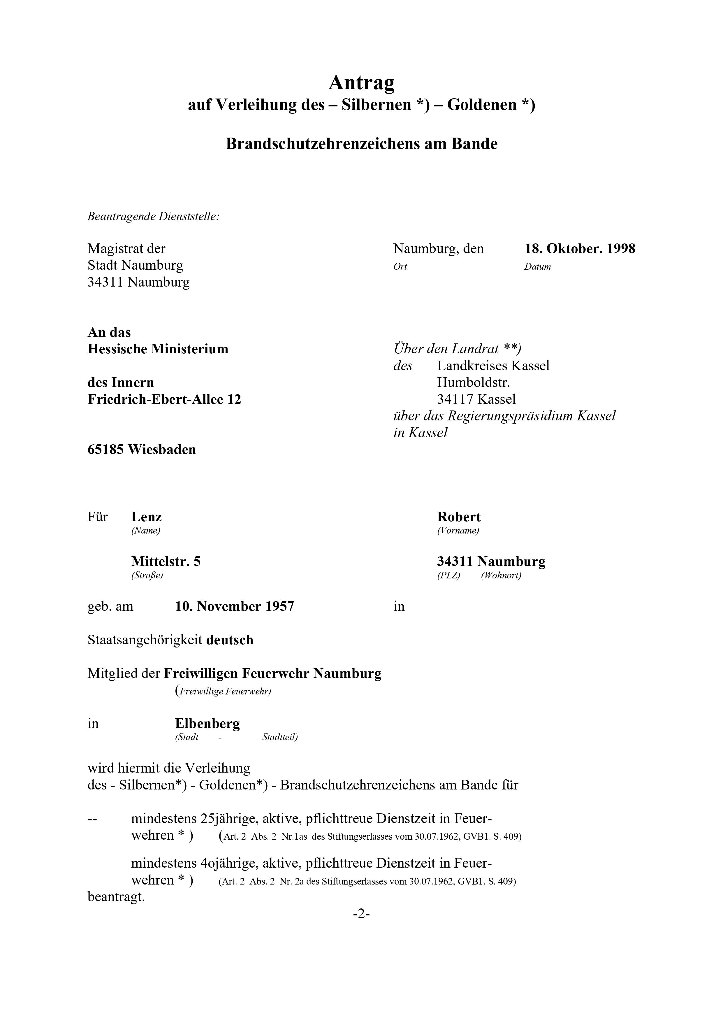 1998 10 18 Antrag auf Verleihung des silbernen Hess. Brandschutzehrenzeichens Robert Lenz 1