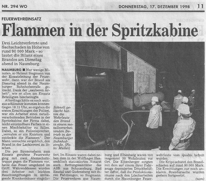 1998 12 15 Brand in Spritzkabine bei Wekal in Naumburg Zeitungsbericht 