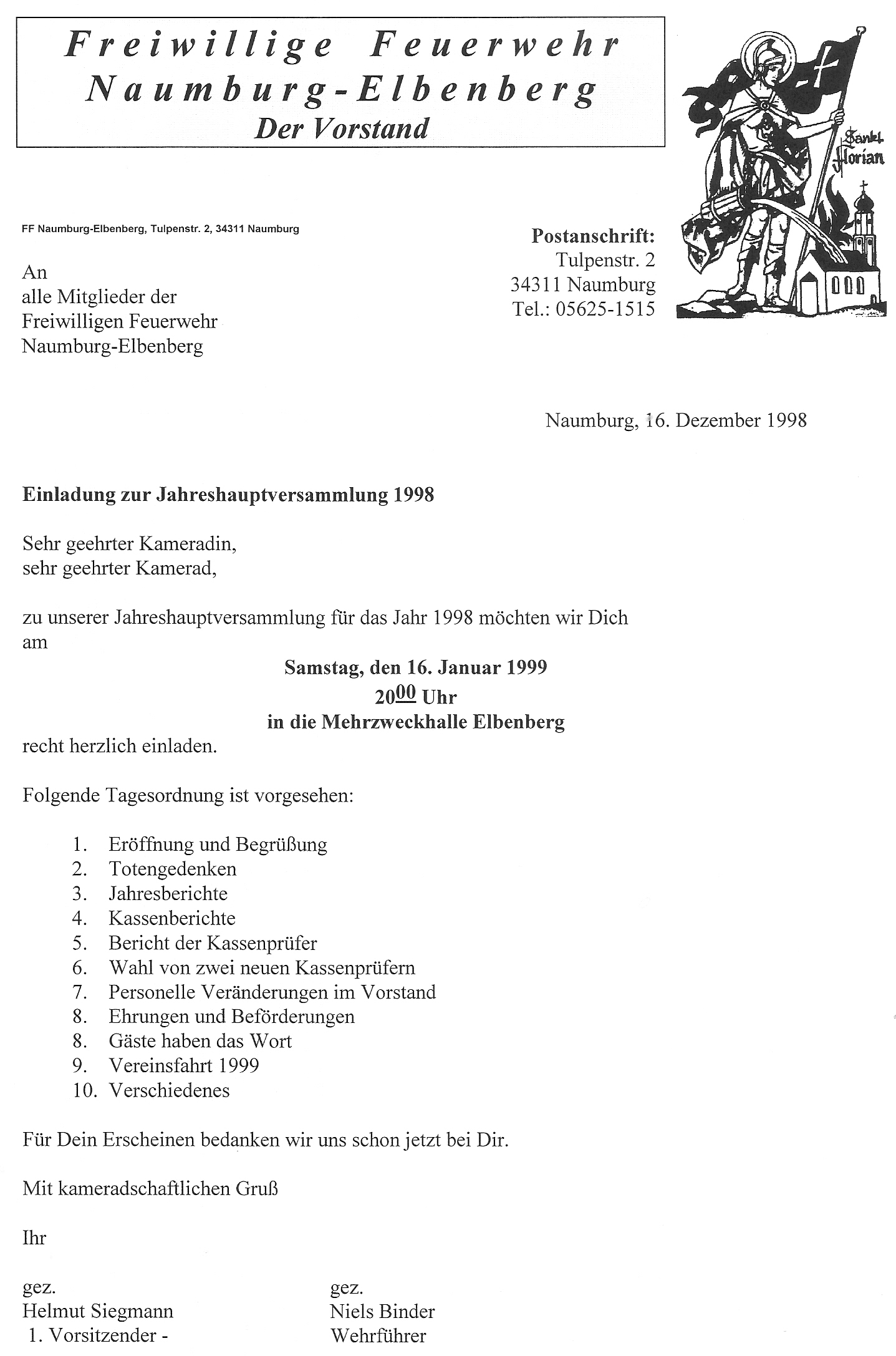 1998 12 16 Einladung zur JHV 1998
