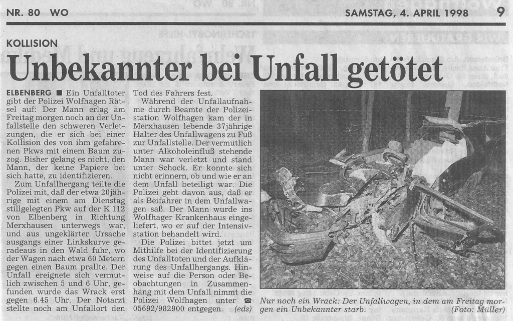 1998 04 04 Unbekannter bei Unfall getötet HNA Bericht