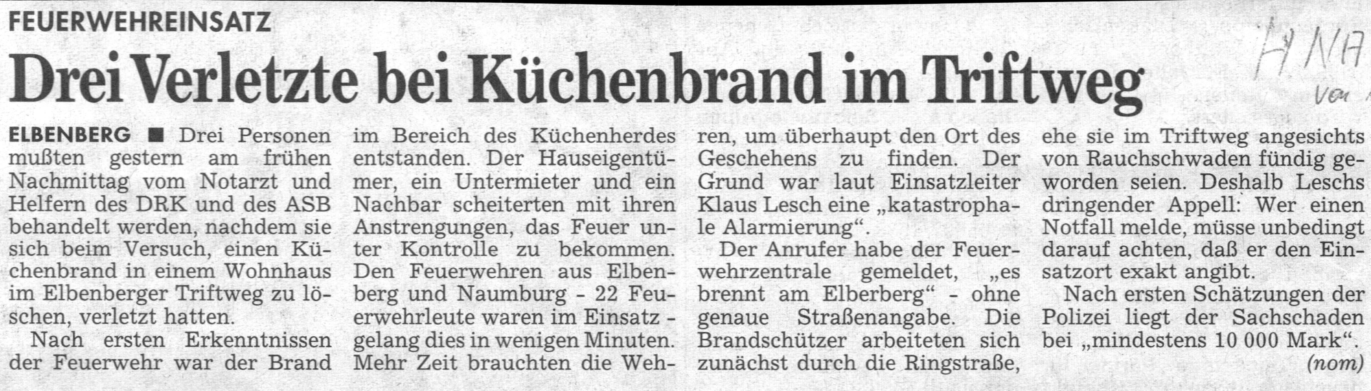 1999 09 18 Küchenbrand im Triftweg Artikel