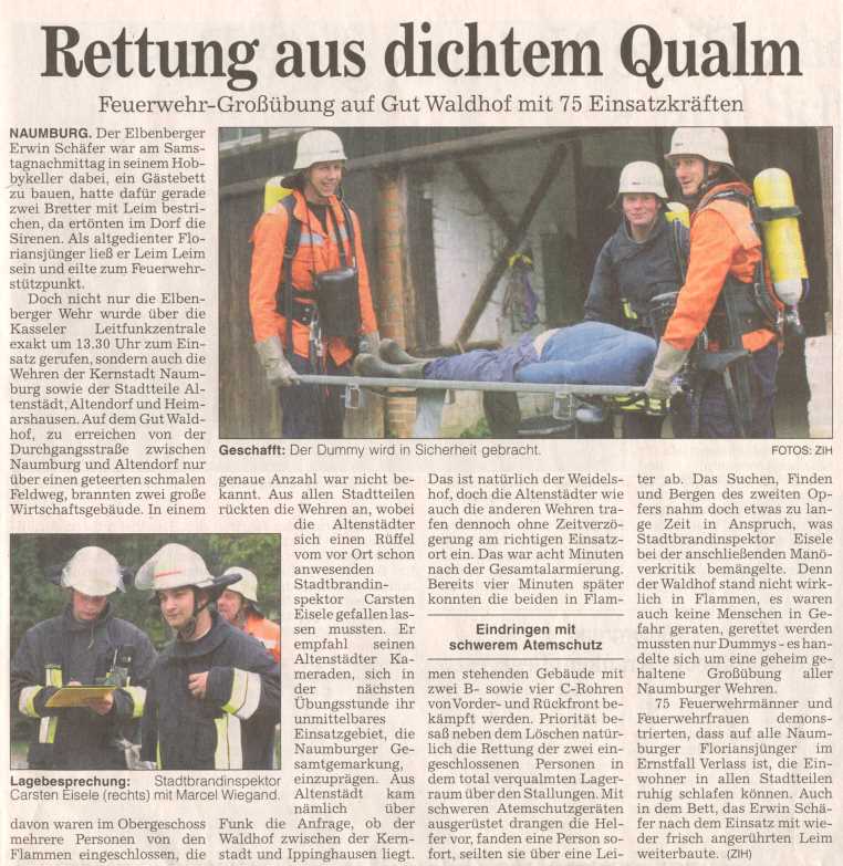 2003 09 29 Bericht über Einsatzübung am Waldhof Artikel