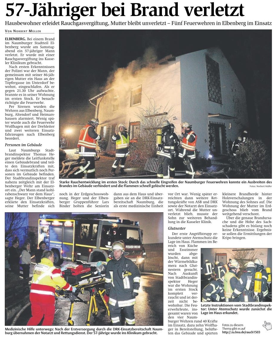 2015 03 14 Wohnhausbrand Ritte in der Töpfergasse Zeitungsbericht vom 16.03.2015