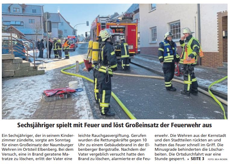 2019 01 21 Sechsjähriger spielt mit Feuer und löst Großeinsatz der Feuerwehr aus Artikel Titelseite