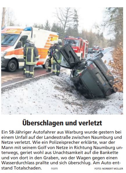 2019 01 26 HNA Bericht Verkehrsunfall L3215 Artikel