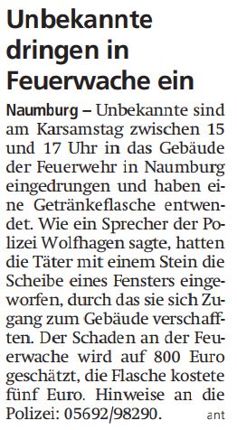 2019 04 23 Einbruch in Feuerwehrhaus Artikel