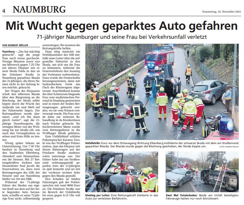 2021 11 18 Zeitungsbericht HNA über Verkehrsunfall HNA Bericht